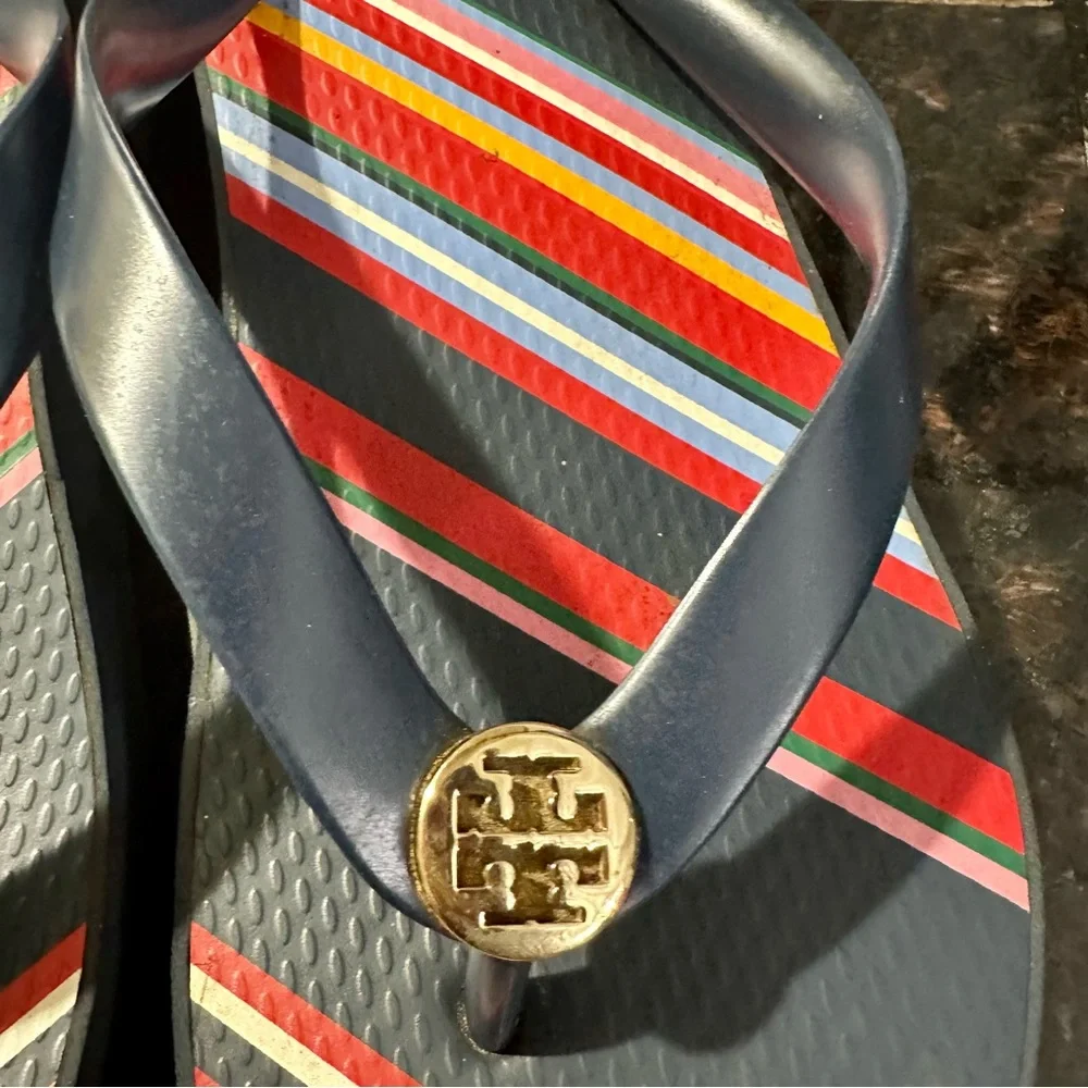 Tory Burch Navy Multicolor Stripe Flip Flops